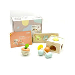 Classic Toys Hello Box 6-in-1 sensory toy set with its packaging box, storage box, sorting board, and sensory toys including a carrot, egg, and rattle
