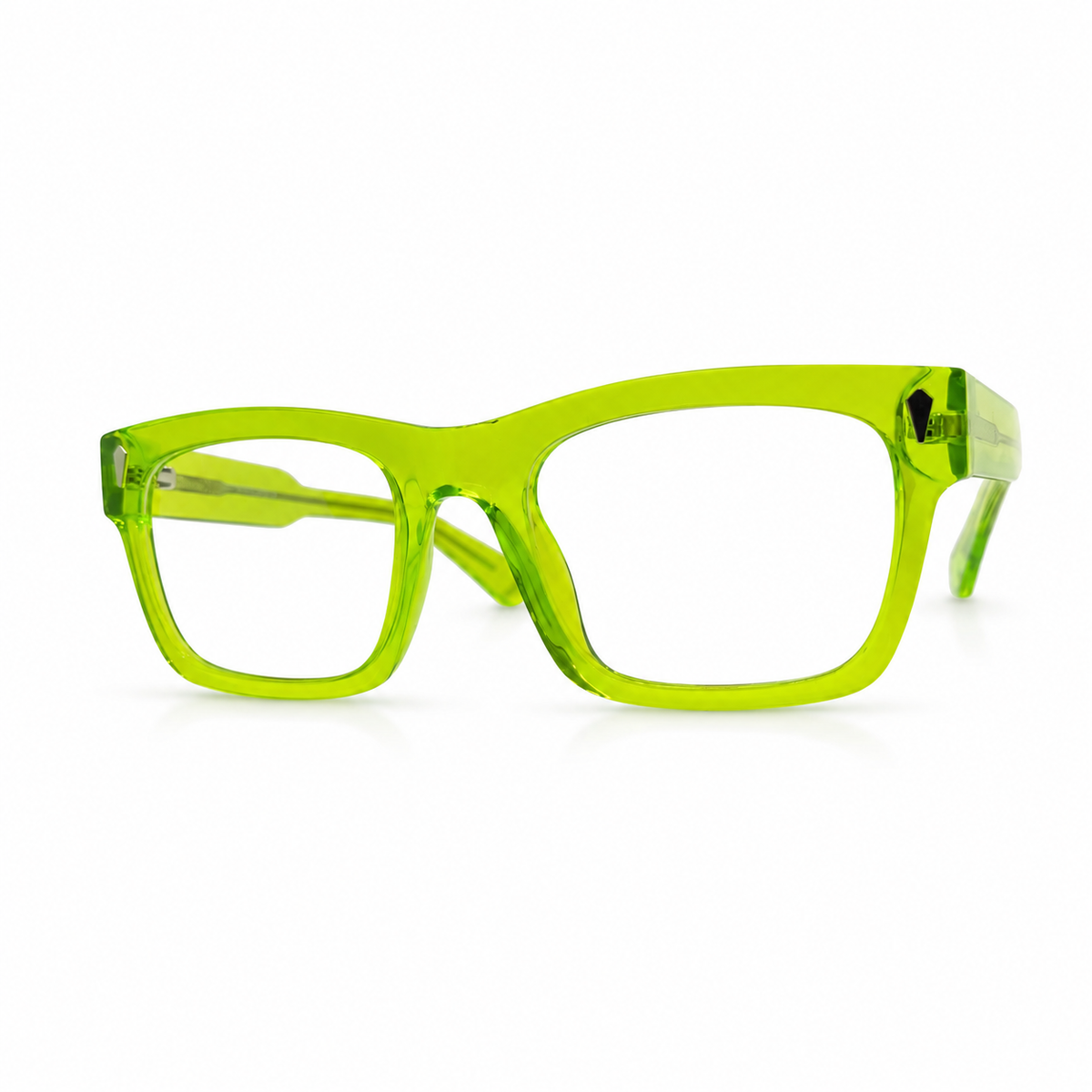 Green eyeglasses with yellow temples