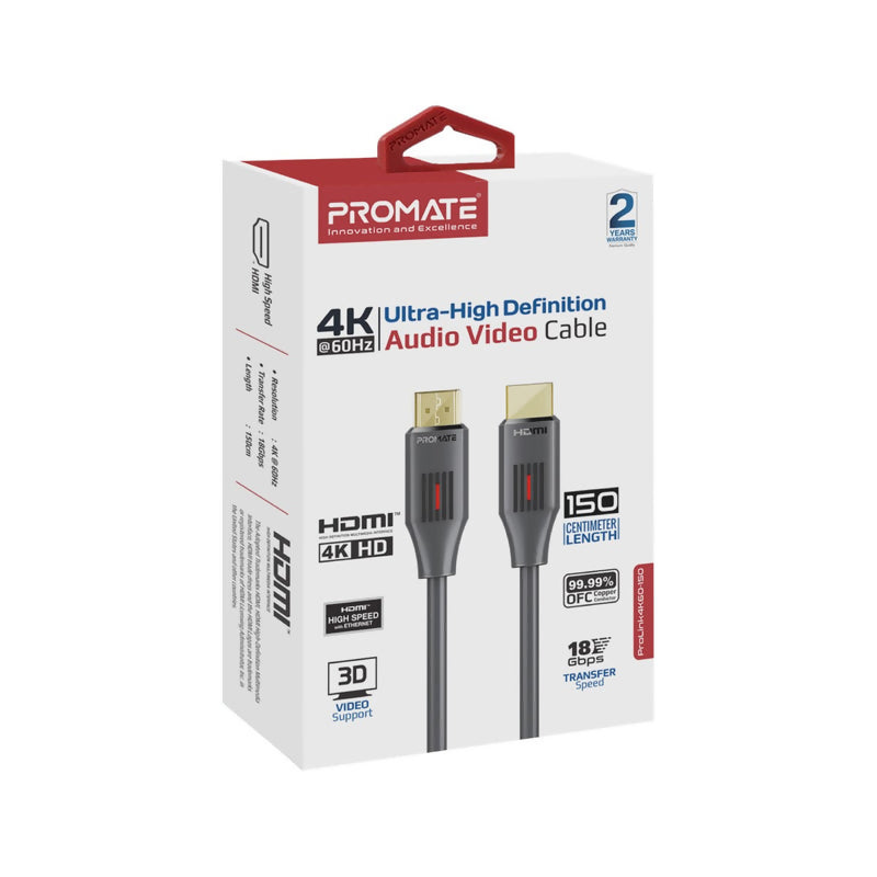 Promate HDMI Cable 4K 60Hz Audio and Video 1.5m Black