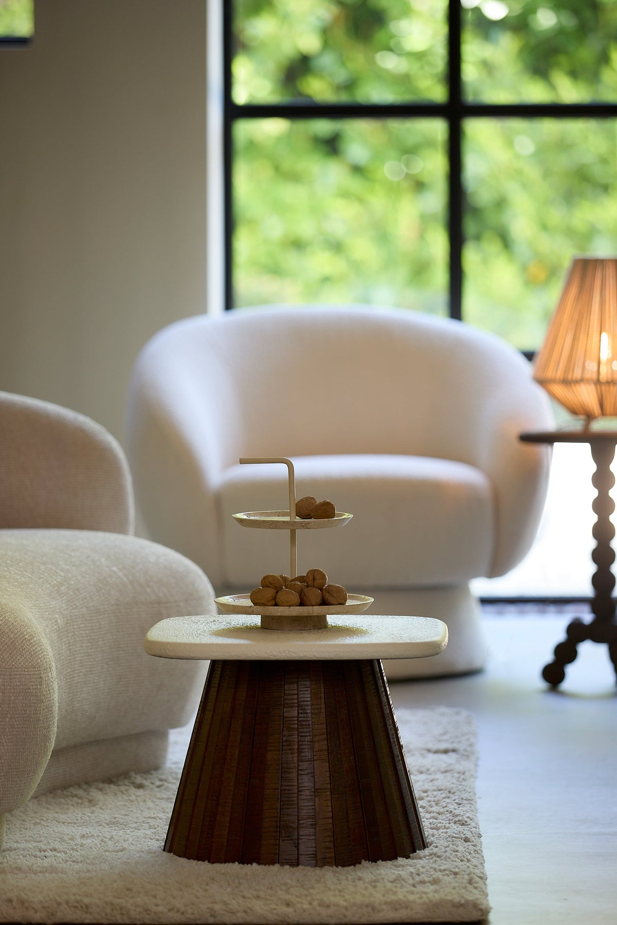 Okato Wood Side Table, Round Cream and Brown, 45x45x40 cm