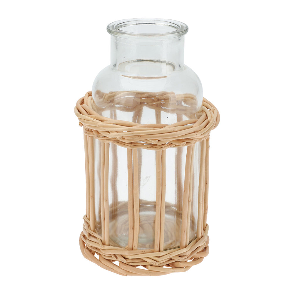 Glass Bottle Deco - Stylish 17 cm Glass Vase with Wicker Basket