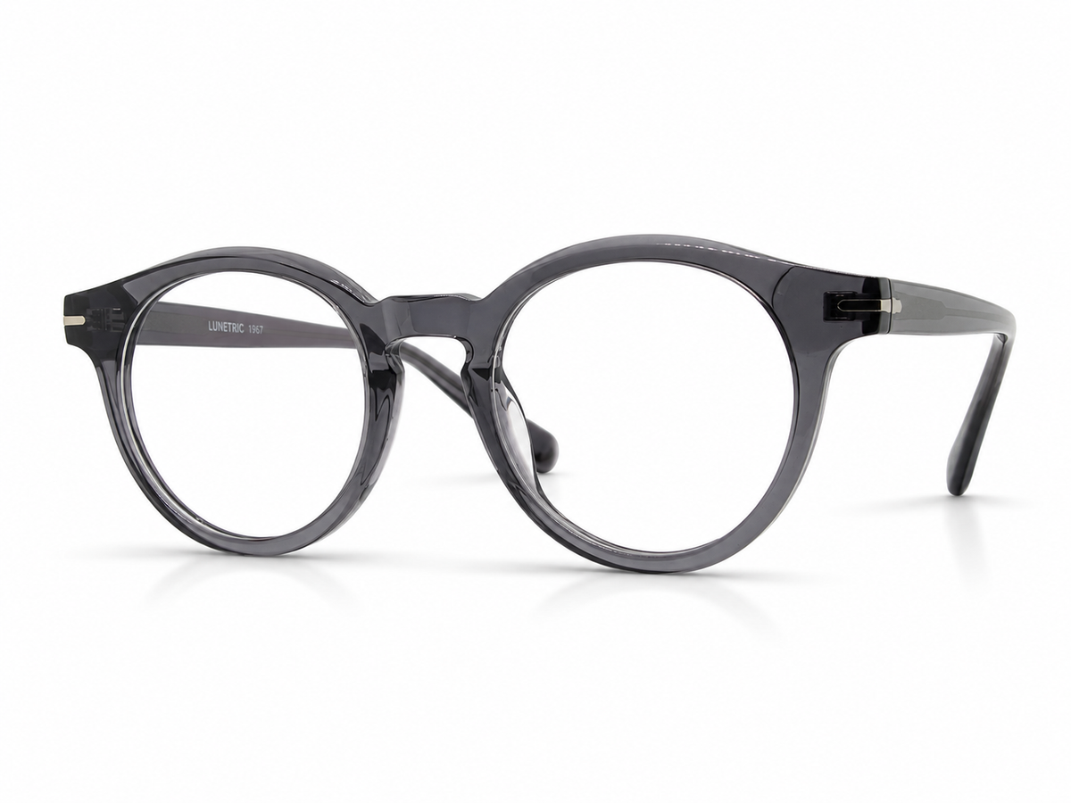 Round eyeglasses with a dark frame on a white background