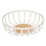 Metal fruit basket - White Steel Bowl with Wooden Base, D28 x H9 cm
