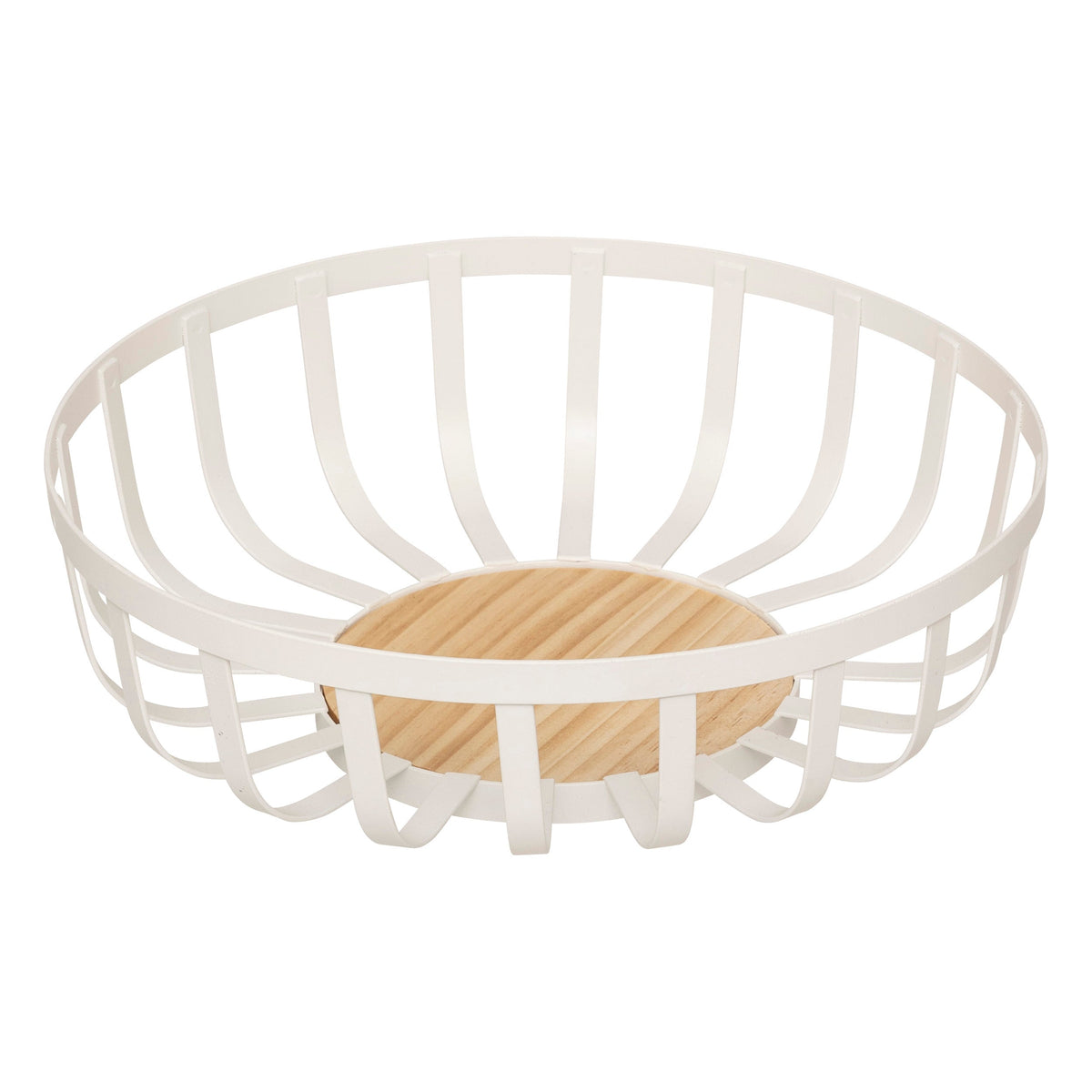 Metal fruit basket - White Steel Bowl with Wooden Base, D28 x H9 cm