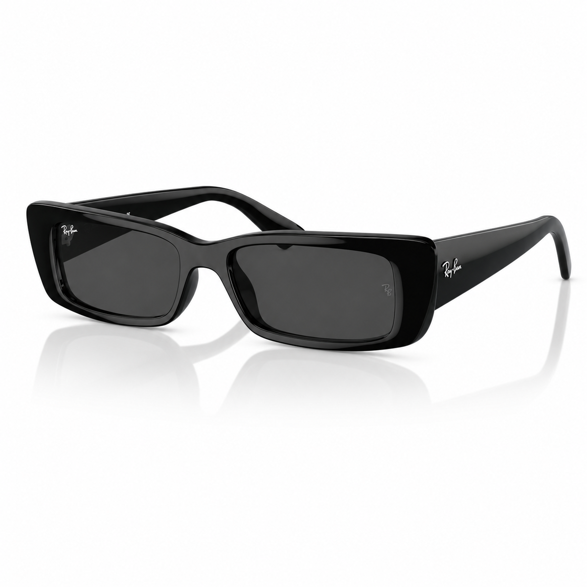 Black rectangular sunglasses on a white background. 