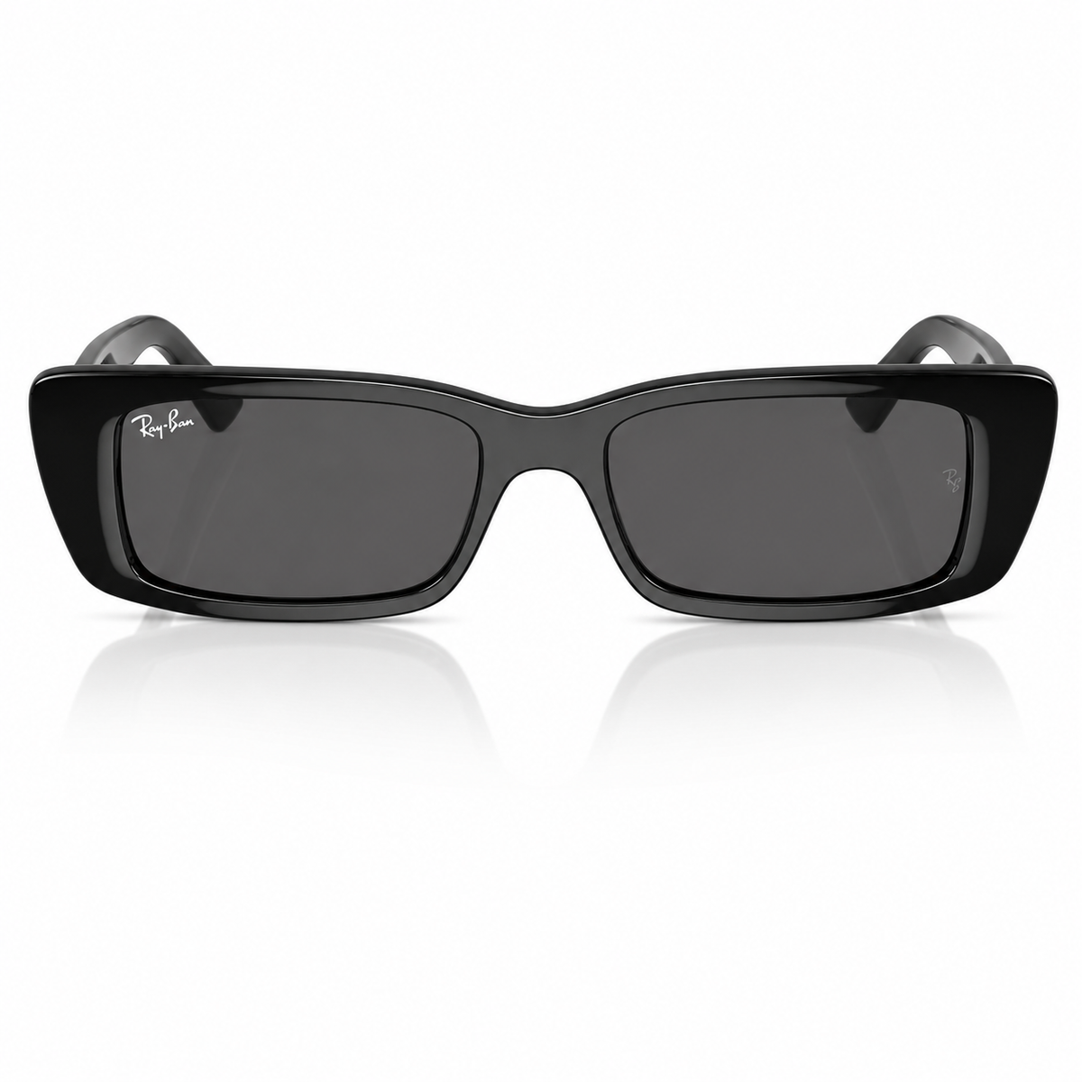 Black sunglasses with dark lenses on a white background. 