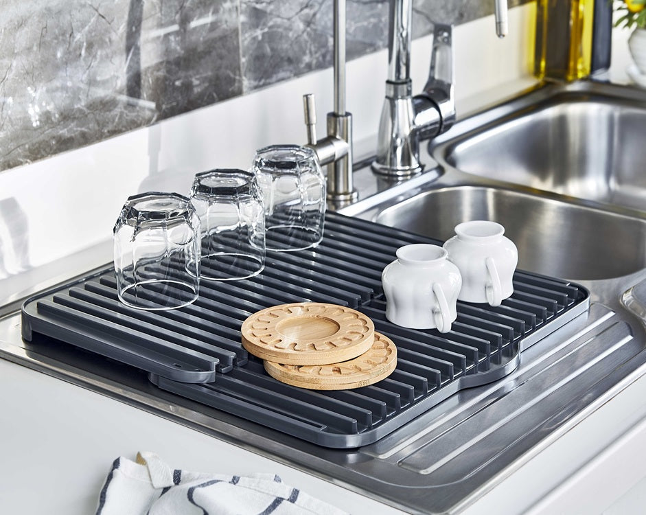 Double Dishwasher Rack Plastic Kitchen Drainer Grey White