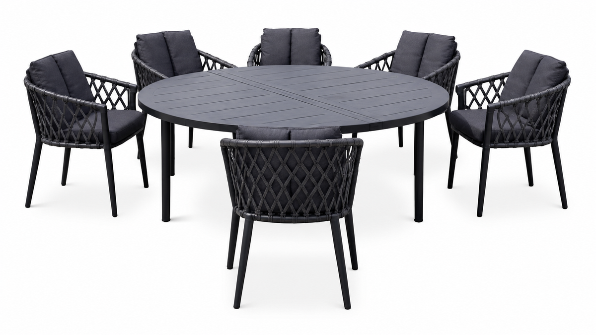 Modern Aluminum Outdoor Dining Set – Round Table with 6 Woven Chairs