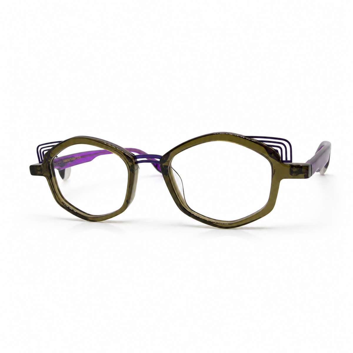 Eyeglasses with a green frame and purple accents on a white background