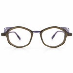 Brown eyeglasses with purple accents on a white background