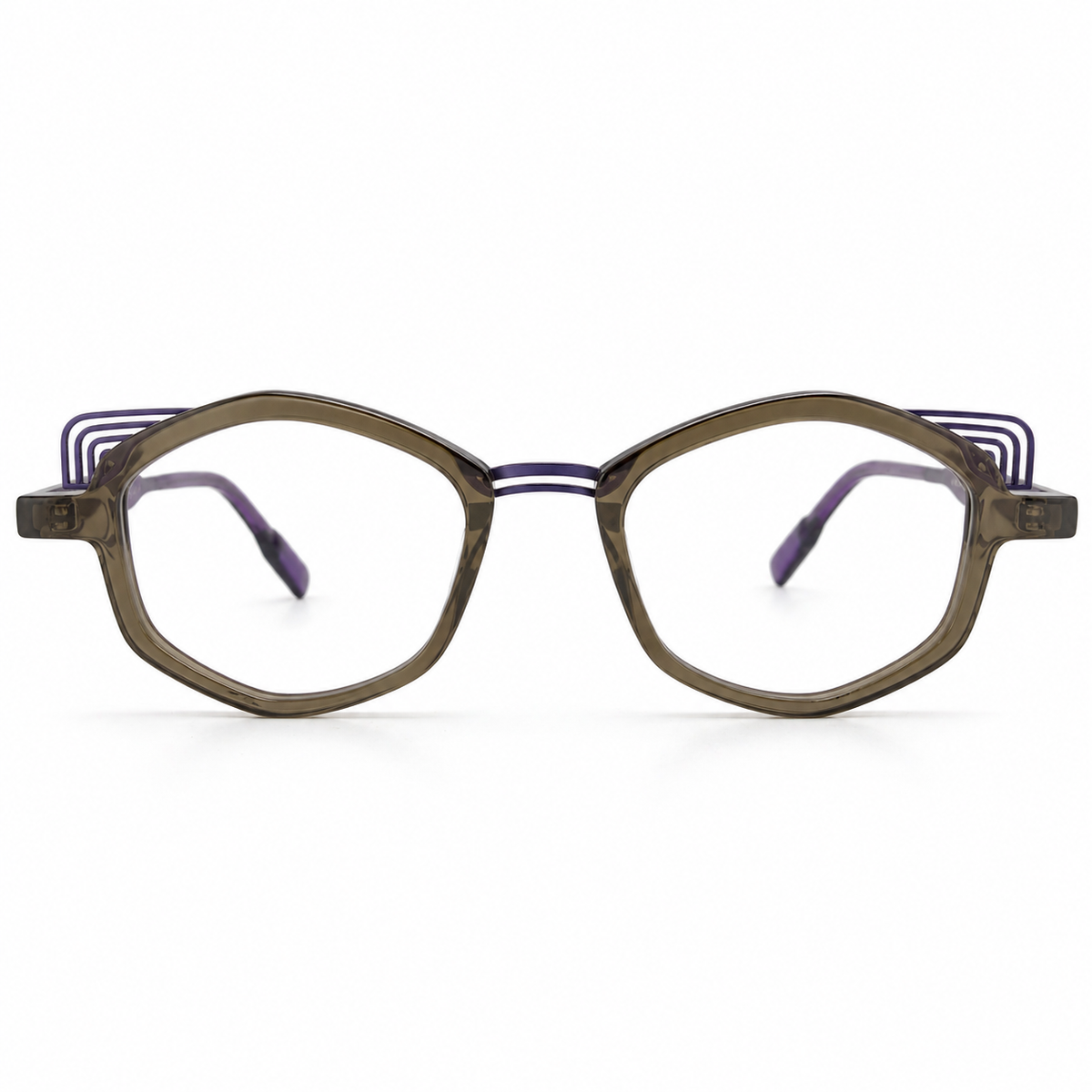 Brown eyeglasses with purple accents on a white background