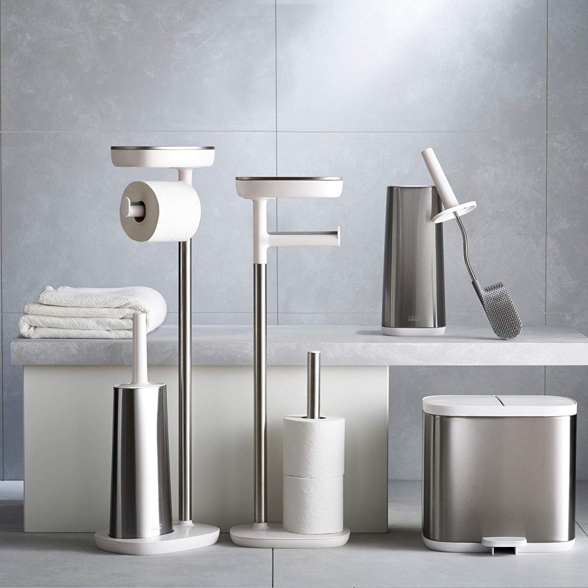 Joseph Joseph EasyStore Butler Toilet Paper Holder Stand and Spare Roll Storage with Shelf and Drawer, Stainless Steel