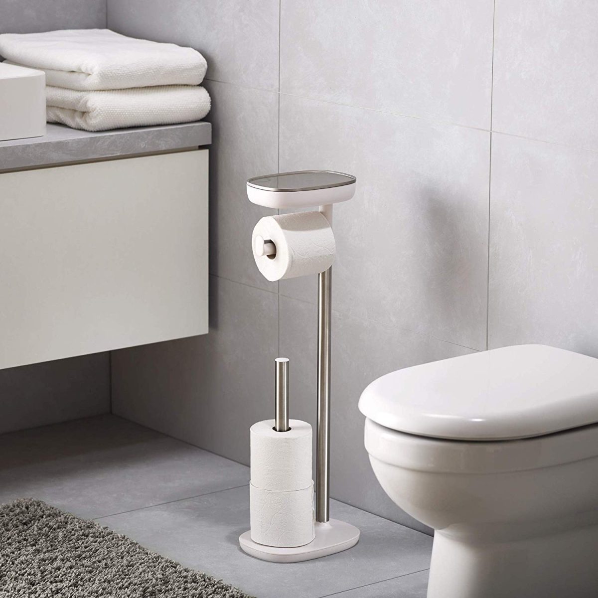 Joseph Joseph EasyStore Butler Toilet Paper Holder Stand and Spare Roll Storage with Shelf and Drawer, Stainless Steel