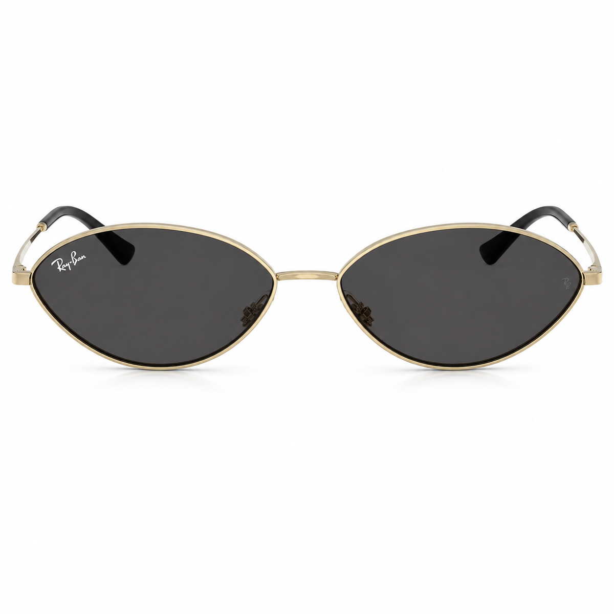 Sunglasses with gold frame and dark lenses on a white background. 