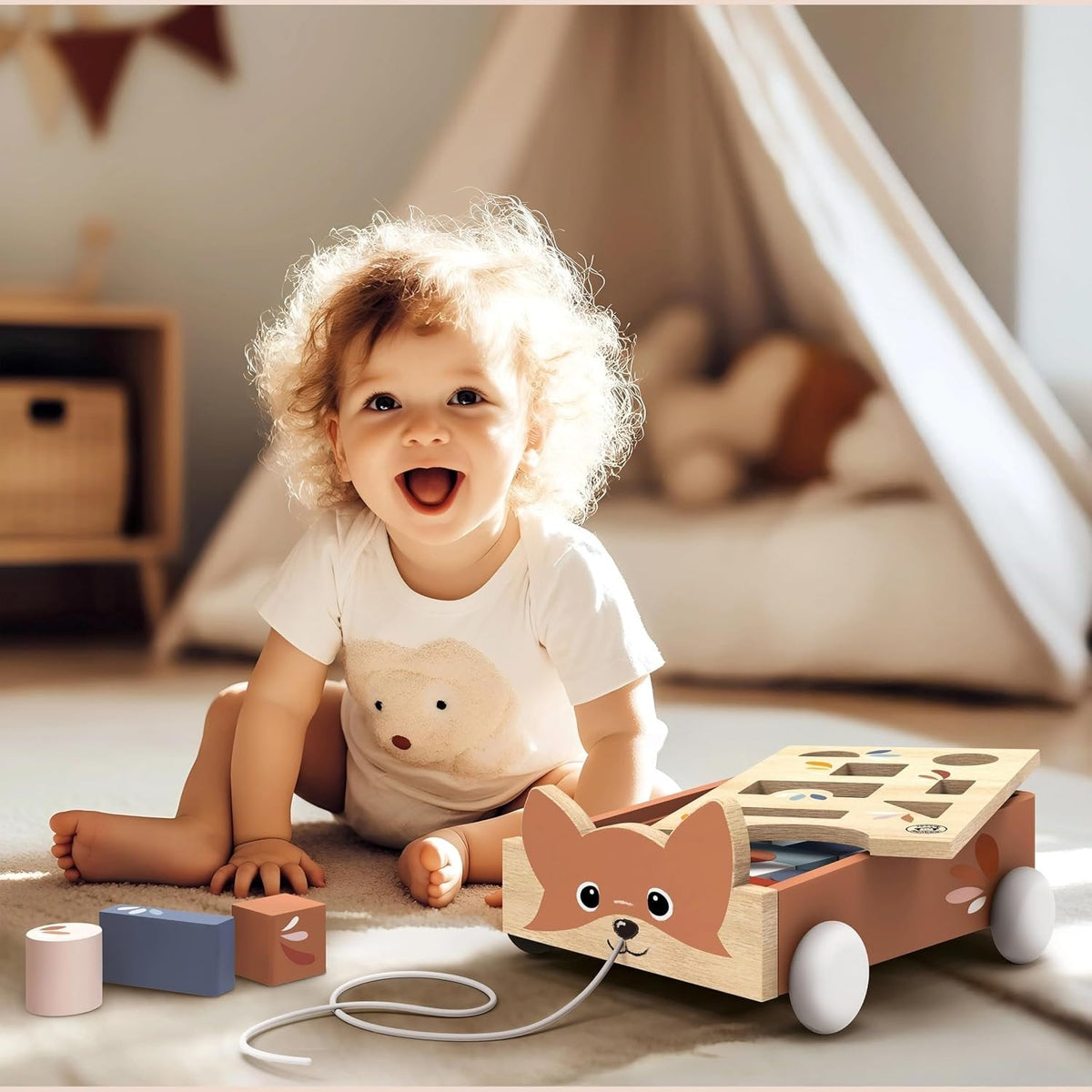 Speedy Monkey Wooden Fox Block Cart | Pull Toy