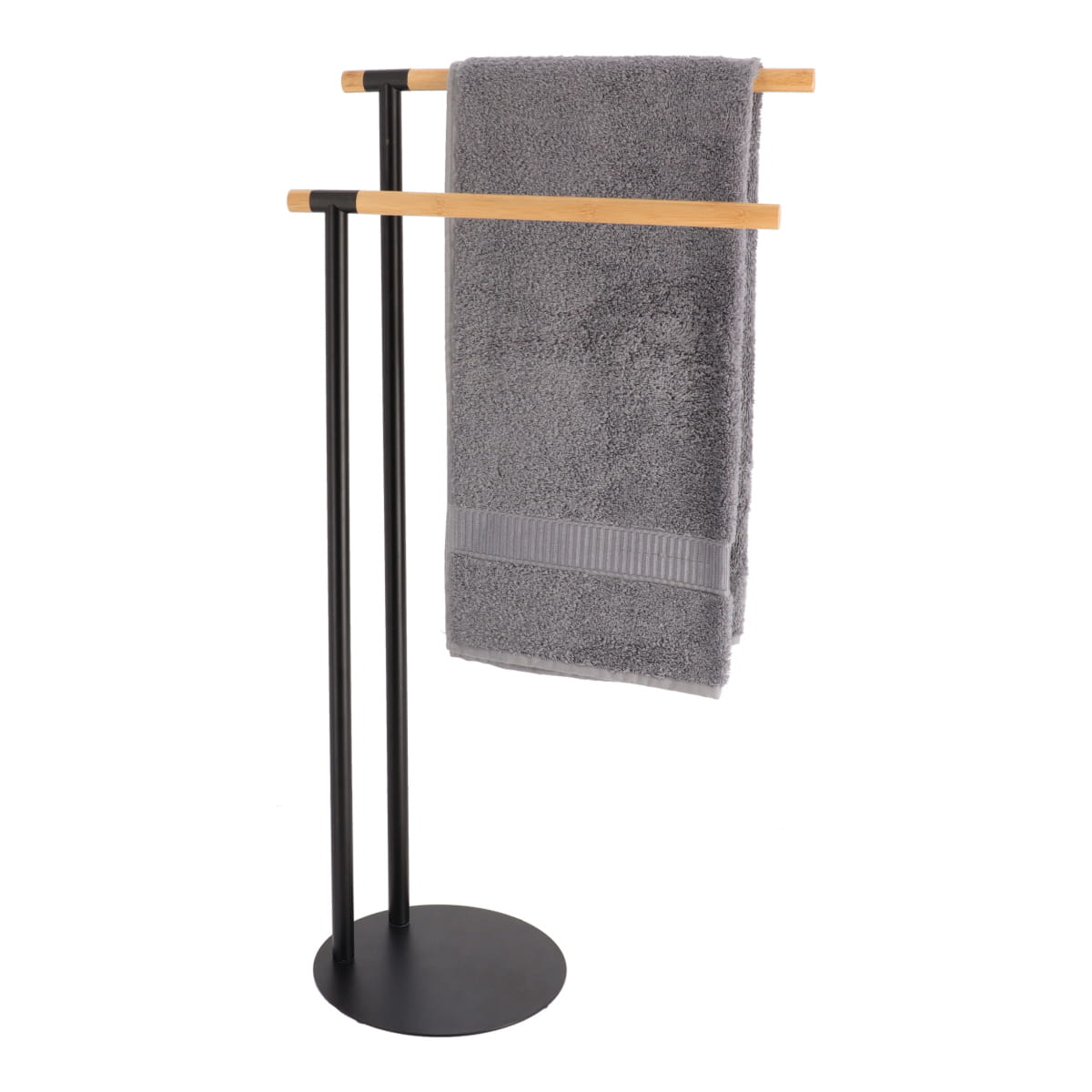 Metal Towel Rack with 2 Bamboo Bars, Freestanding Bathroom Organizer