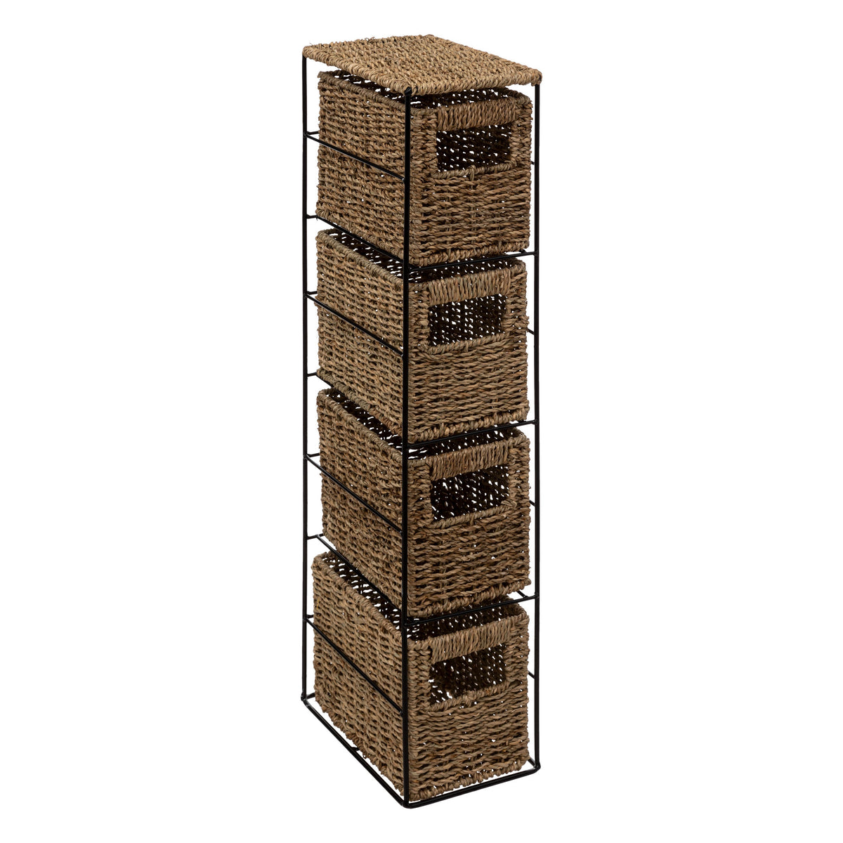 Slim Metal & Reed Shelf with 4 Storage Baskets - Brown