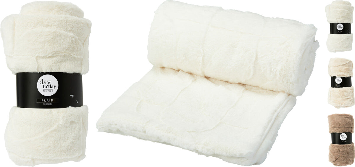 Woven Blanket - Plush Polyester Throw, 160 x 130 cm, Beige/Brown/White