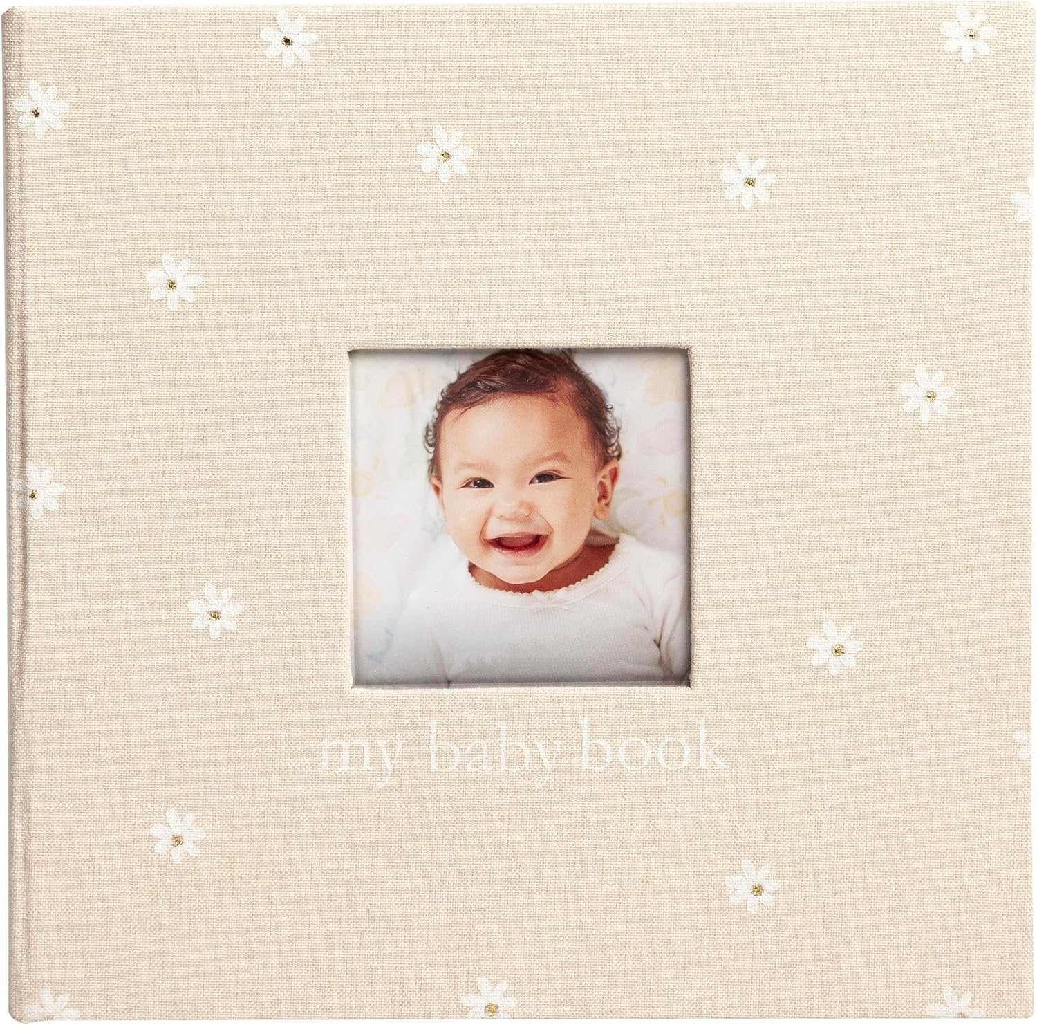Pearhead Floral Linen Baby Memory Book – Beige & White Keepsake Scrapbook