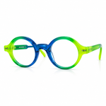 Round eyeglasses with a gradient blue to green frame on a white background