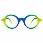Round eyeglasses with a blue and green  frame on a white background