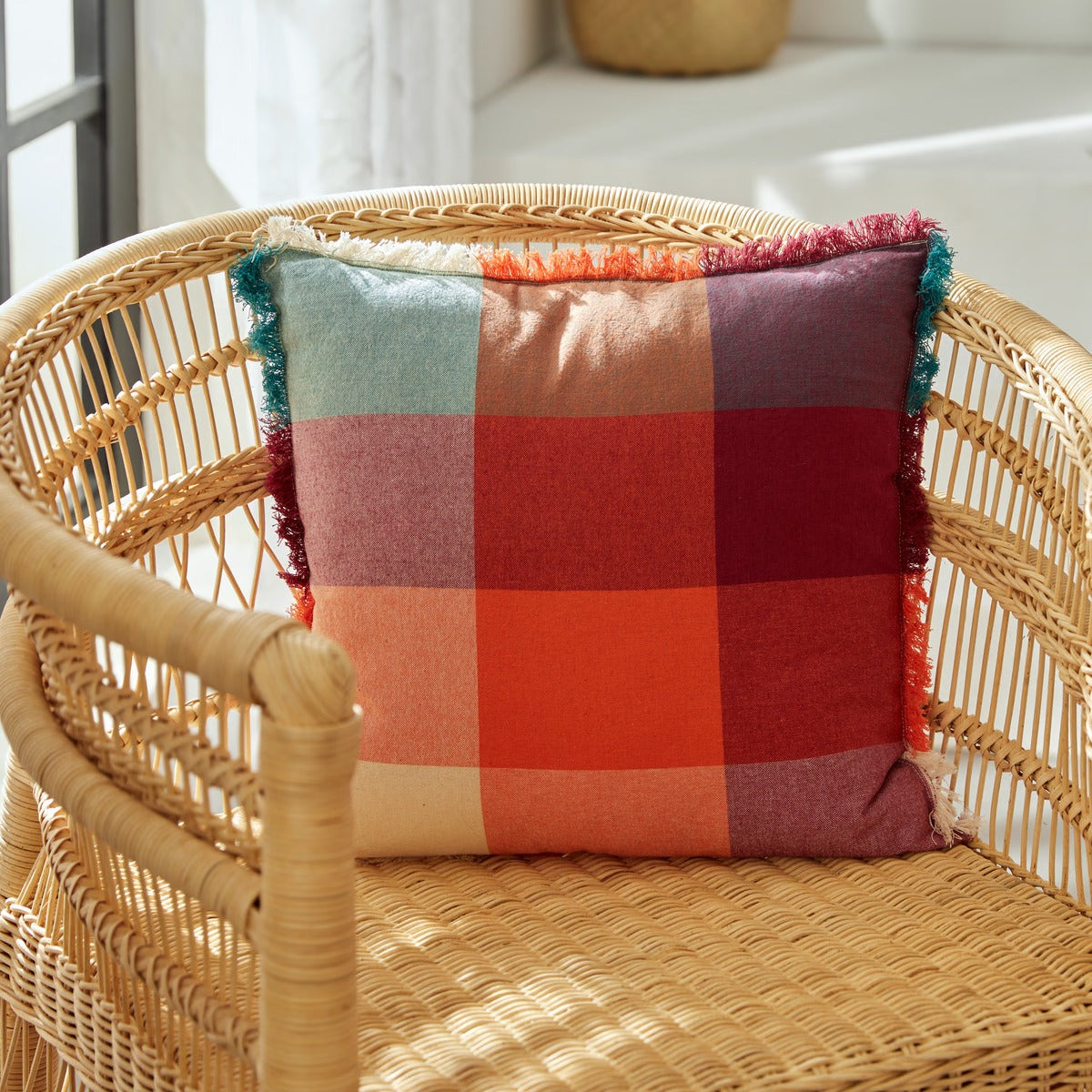 Fringed Madras Cushion "Yucatan" 45x45 cm Colorful Square