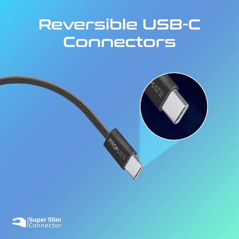 Promate USB-C to USB-C Charging Cable 60W PD Braided 1.2m Black