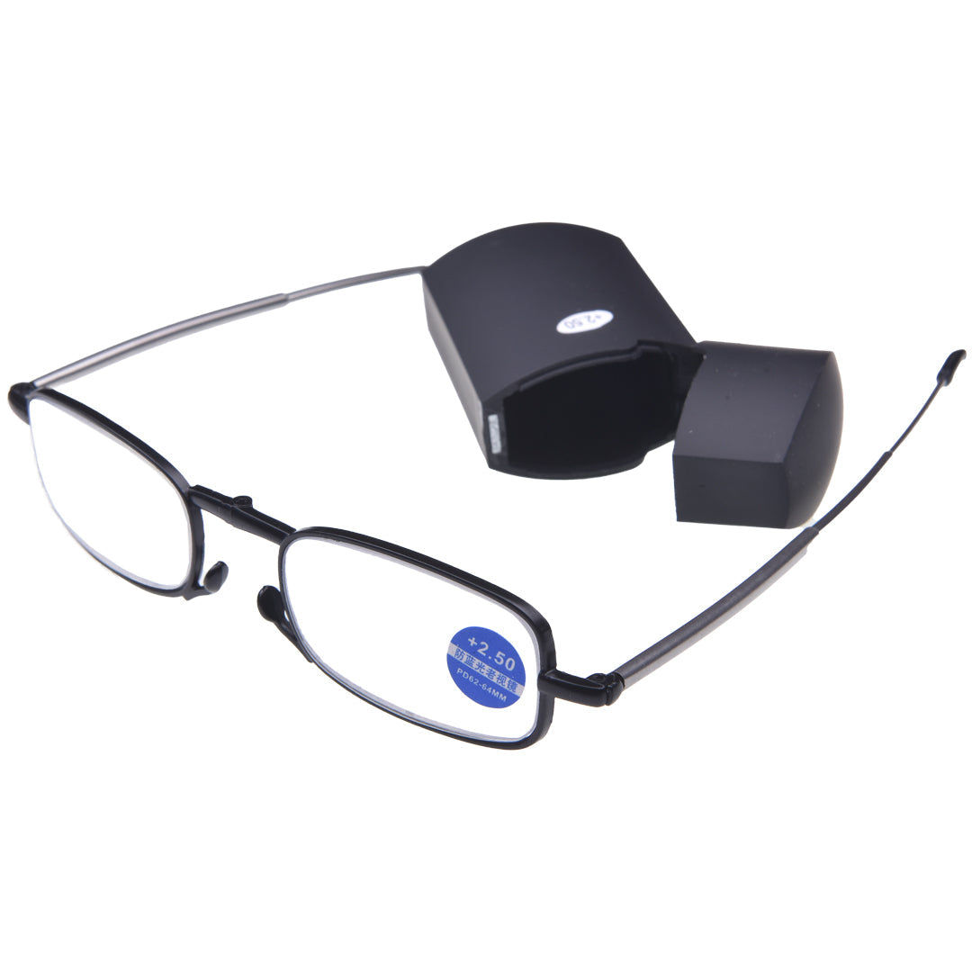 Black eyeglasses with packaging on a white background