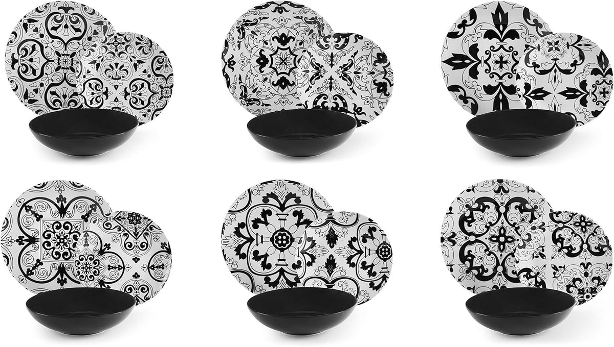 FLORENCE Dinner Set 18pc — Porcelain & Ceramic, 6-Person, Black & White