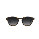 Sunglasses with havana frame and dark lenses on a white background