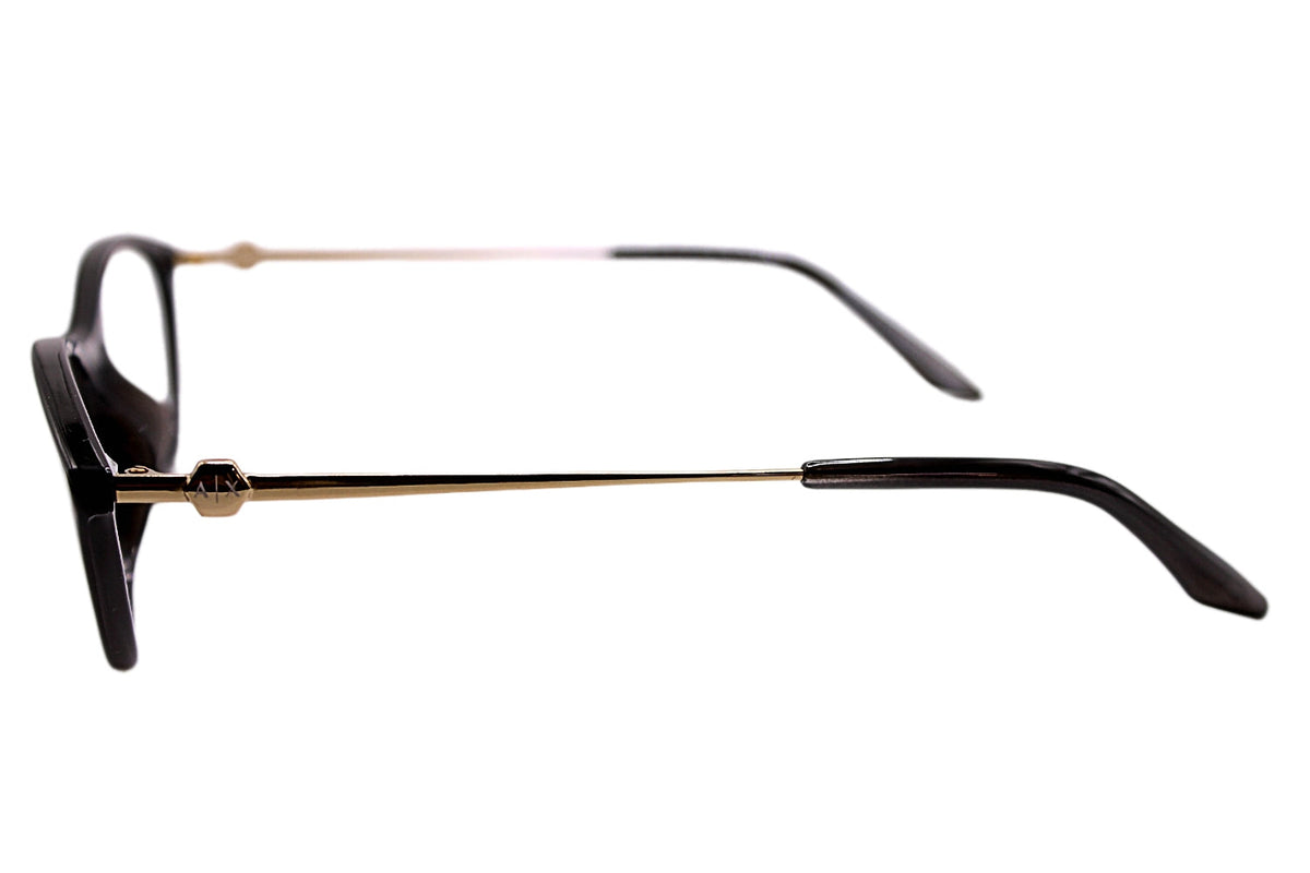 Side angle of black cat-eye glasses on a white background. 