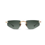 Sunglasses with rose-gold frame and dark lenses on a white background