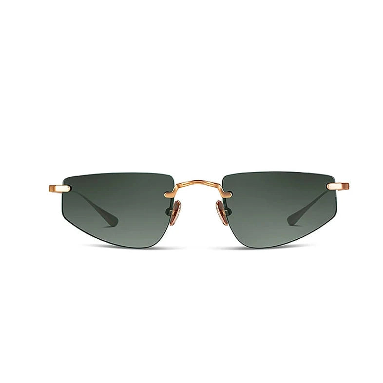 Sunglasses with rose-gold frame and dark lenses on a white background