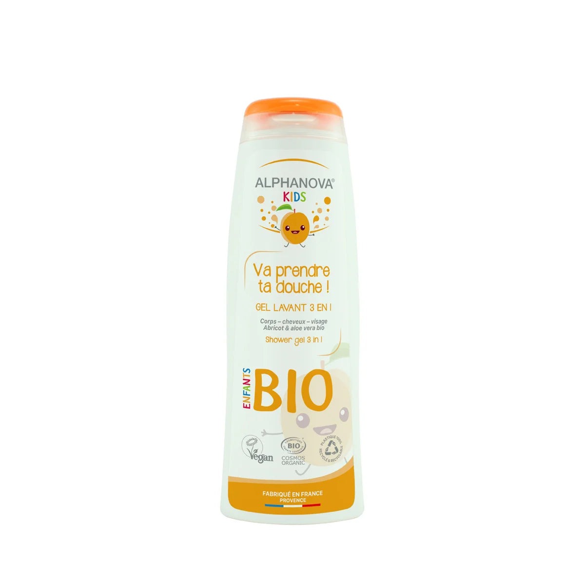 Alphanova Kids "Go Take Your Shower" 3-in-1 cleansing gel bottle for children's hair, face, and body.