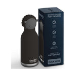 A dark brown insulated water bottle with a sheep-shaped lid next to its navy blue retail box, shown on a clean white background.