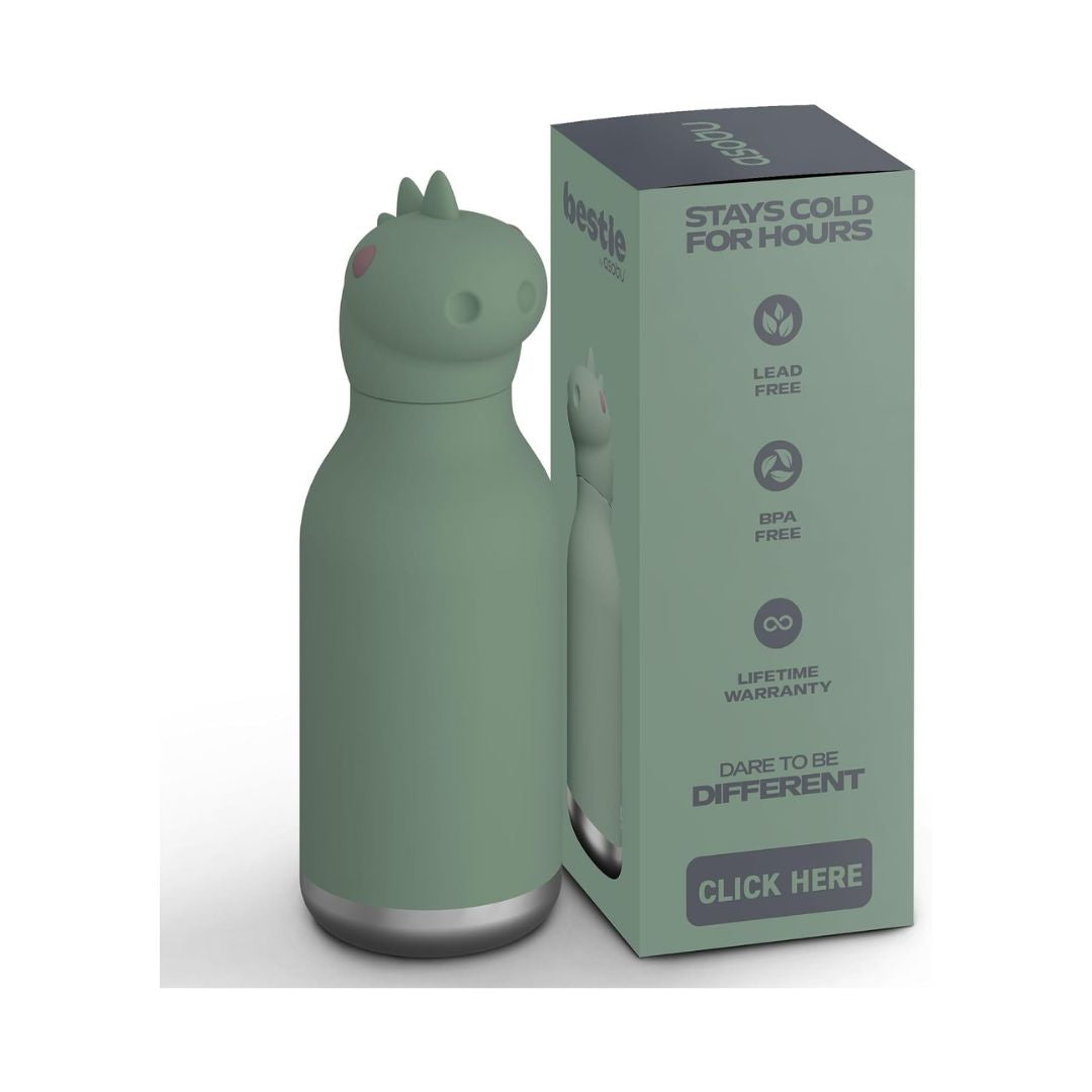 A sage green bottle-shaped container with a small animal head design on top, shown next to its matching sage green retail box on a light gray background.