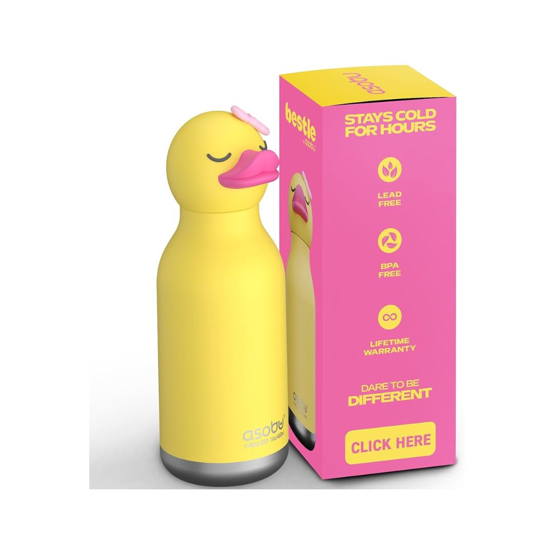 A yellow duck-shaped insulated water bottle stands next to its bright pink retail box on a clean white background. The box features yellow text including 'bestie', 'STAYS COLD FOR HOURS', and a 'CLICK HERE' button graphic.