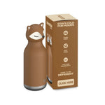 A brown insulated water bottle shaped like a smiling raccoon stands next to its matching brown retail box on a plain white background. The box includes text such as 'Stays Cold For Hours,' 'Lead Free,' 'BPA Free,' and 'Click Here.