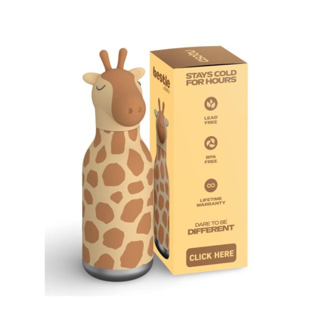 A giraffe-shaped stainless steel water bottle next to its yellow packaging box, featuring the brand name 'bestle' and product features like 'Stays Cold For Hours'.