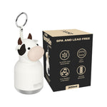 A 200ml cow-shaped cold drink bottle by Asotlu next to its black and beige packaging box, featuring a metal key ring on a white background.