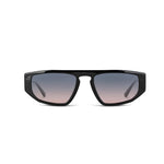 Black sunglasses with gradient blue lenses on a white background