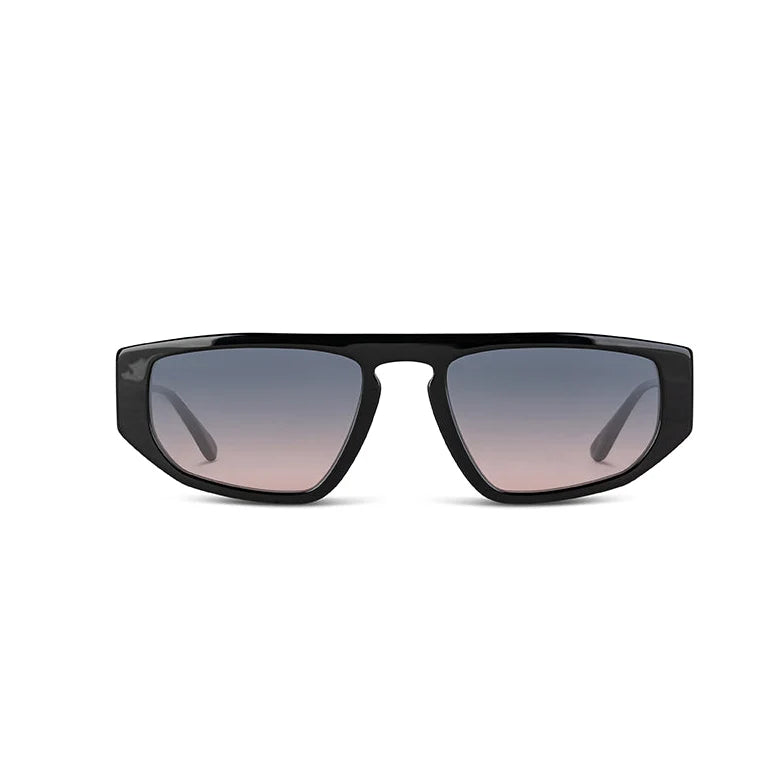 Black sunglasses with gradient blue lenses on a white background