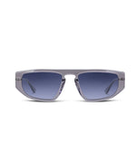 Sunglasses with blue lenses and gray frames on a white background