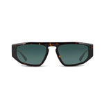 Sunglasses with tortoiseshell frame and green lenses on a white background
