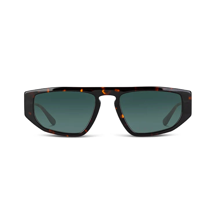 Sunglasses with tortoiseshell frame and green lenses on a white background