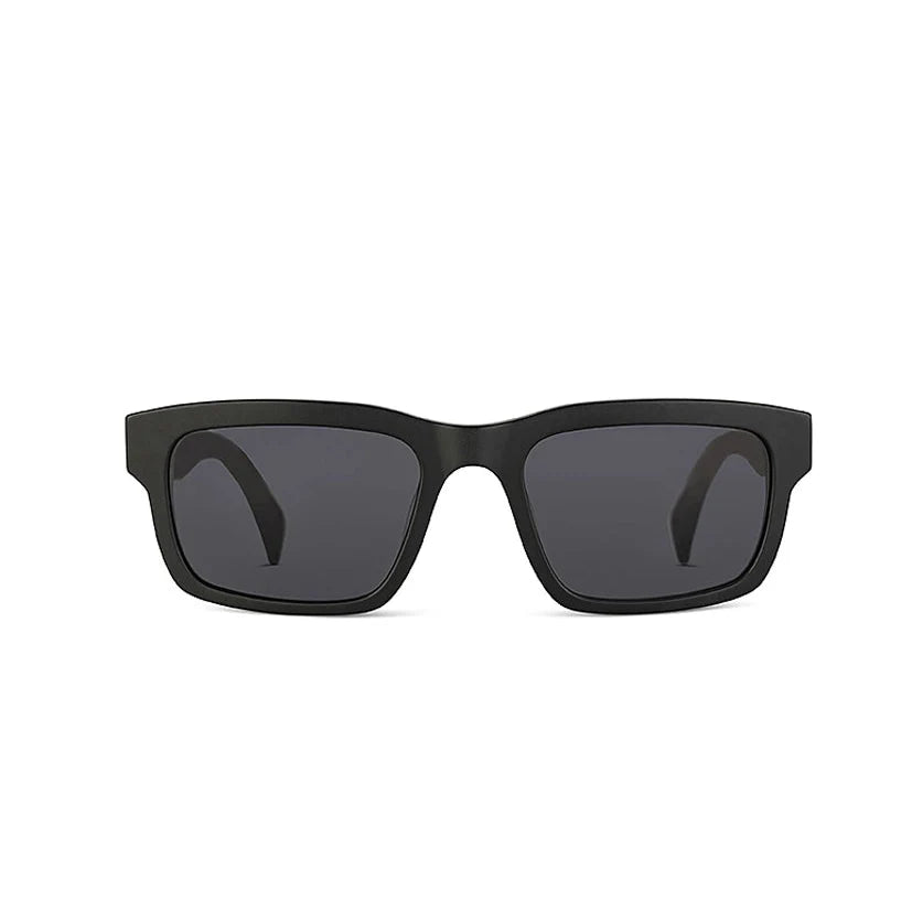 Black sunglasses with dark lenses on a white background