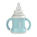 Béaba Evoluclip 3-in-1 evolutive training cup in Airy Green with removable handles and leak-proof lid.