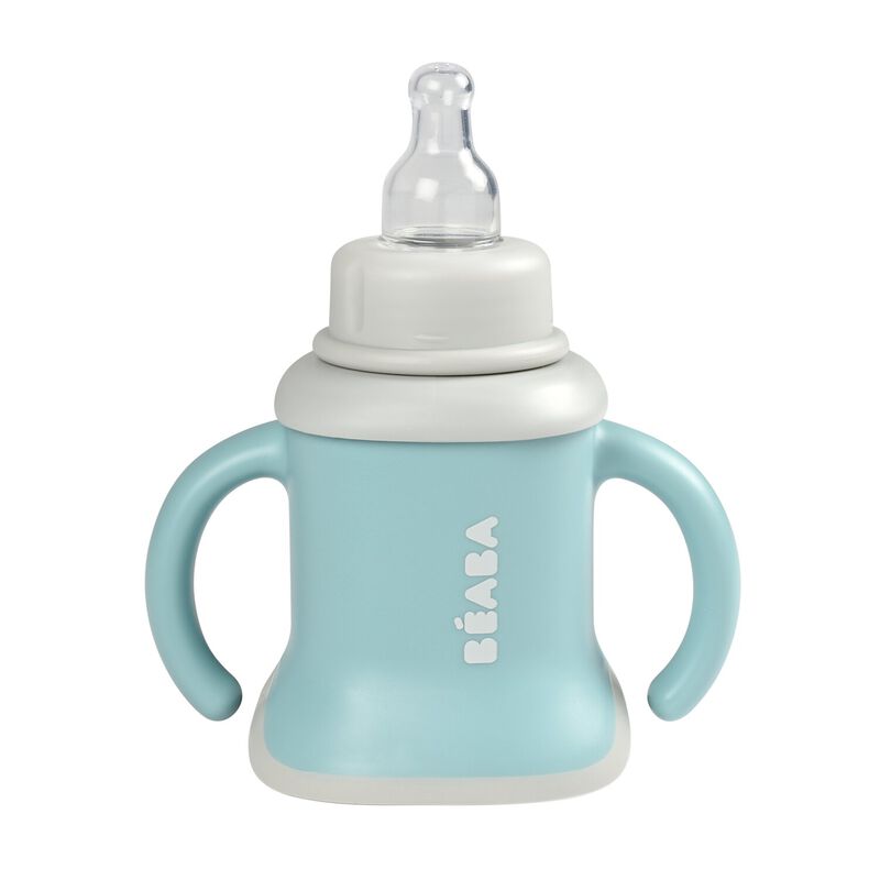 Béaba Evoluclip 3-in-1 evolutive training cup in Airy Green with removable handles and leak-proof lid.