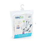 Small white Babyjem cotton towel cover fitted on an infant car seat showing harness slots and soft terry cloth texture.