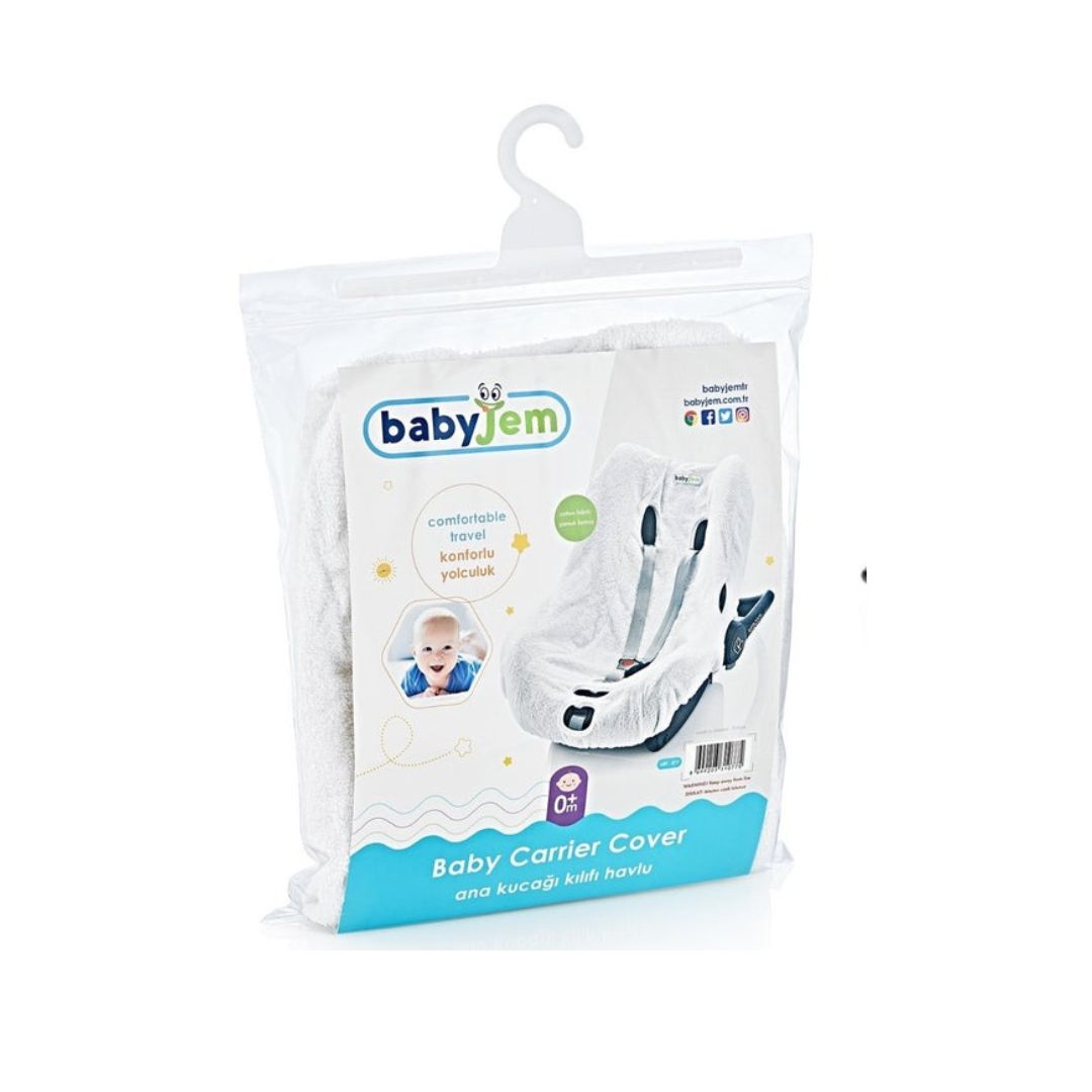 Small white Babyjem cotton towel cover fitted on an infant car seat showing harness slots and soft terry cloth texture.